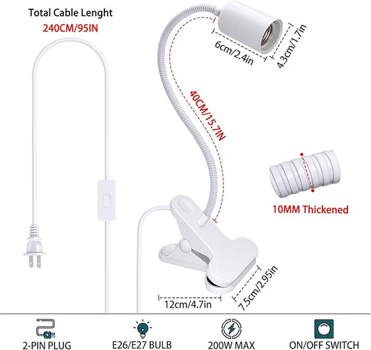 Turtle Heat Lamp Tortoise 2 Pack Terrarium Heat Lamps Reptile Light with 40CM Stable Gooseneck Terrarium Turtle Lamp with 240cm Cord for Lizards, Snakes, Aquarium Aquatic Reptile Amphibian(No Bulb) WTETMYL