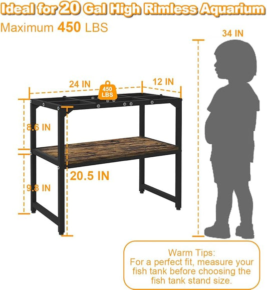 20 Gallon High Rimless Fish Tank Stand with Shelf for Storage, 2 Tiers Metal Aquarium Stand, Breeder Tank Turtle Reptile Terrariums Stand Rack for Home Office, 24" L x 12" W x 20.5" H, Black Mondazie