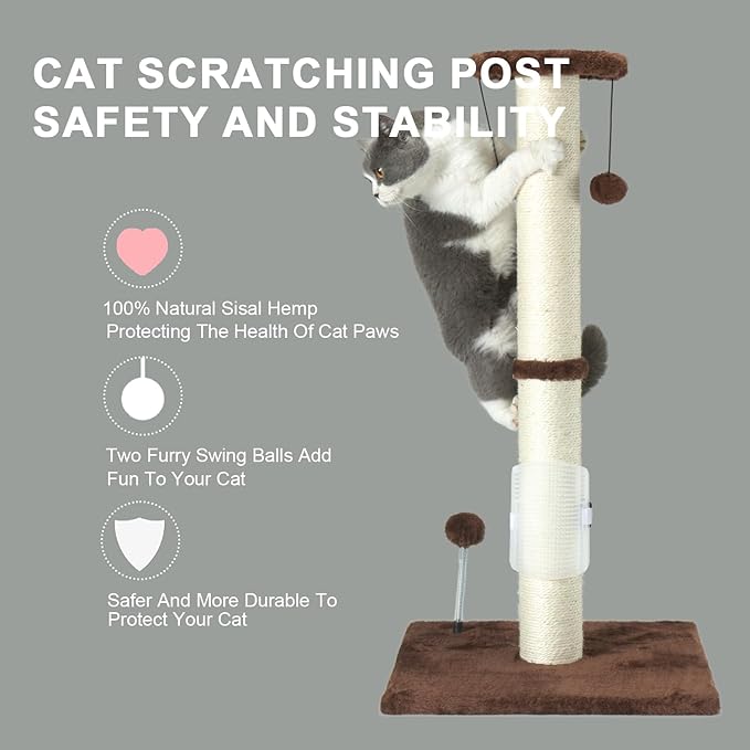 PEEKAB 32" Tall Cat Scratching Post Sisal Rope Scratch Posts with Hanging Ball and Self-Massage Brush Vertical Scratcher for Indoor Cats and Kittens(Brown 32inches) - PAWPICO