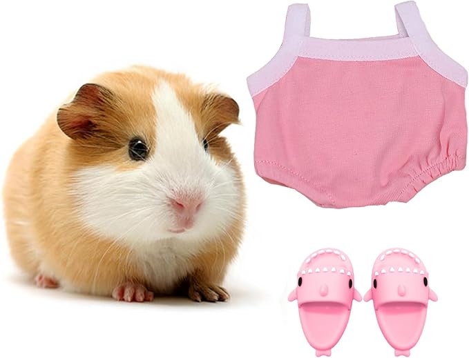 Hamster Costume Set with Shirt, Hat, Shoes, Small Animal Cute Shark Slipper for Real Pets, Cute Mini Rat Holiday Party Clothes, for Fun, Photos. (Size M, Pink Overalls) KnocKconK