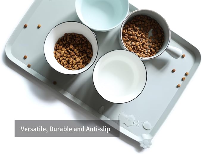 Hoki Found L Silicone Pet Food Mats Tray with Higher Lips - Non Slip Pet Dog Cat Bowl Mats Placemat - Dog Pet Cat Feeding Mat - Waterproof Dog Cat Food Mats -Pet Water Mats for Carpet - Battleship - PAWPICO