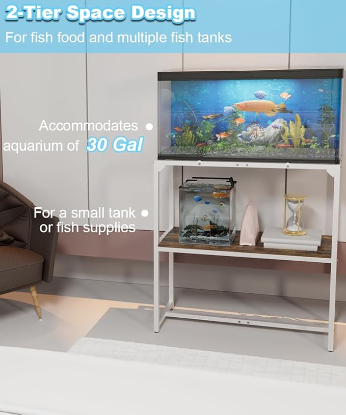 30 Gallon Fish Tank Stand, Upgraded Height Aquarium Stand Table with 2 Tiers Storage Shelf, Metal Reptile Breeder Turtle Terrarium Stand Rack for Home Office, 30" L x 12" W x 32.2" H, White Mondazie