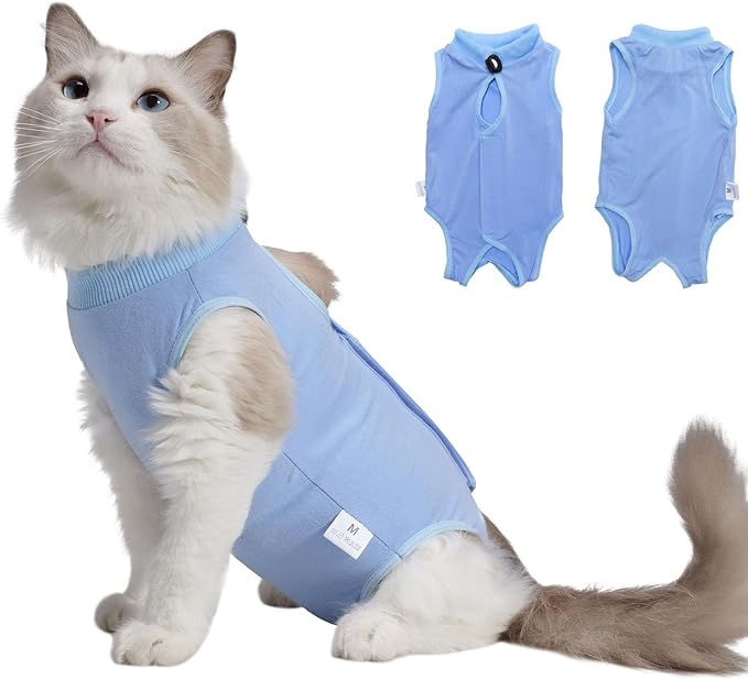Cat Recovery Suit Female Kitten Cat Onesie for Cats After Surgery Female Spay Surgical Abdominal Wound Skin Diseases Cone Collar Soft Alternative Wear (Blue, L) Acoutpet