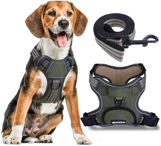 No Pull Dog Harness for Large Dogs, Adjustable No Choke Pet Vest with Dog Leash Fit Smart Reflective Pet Walking Harness for Training Easy Control Soft Handle Green L BUMBIN