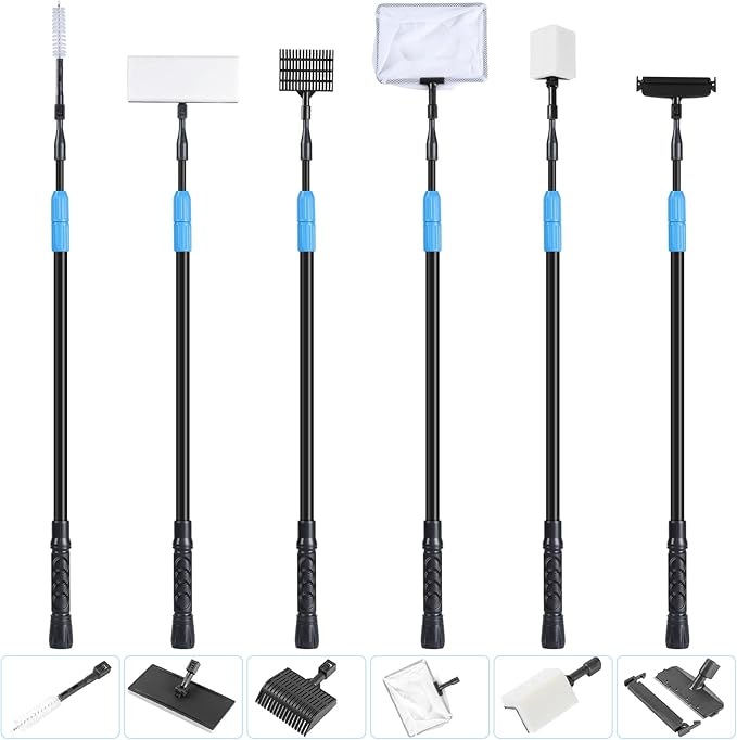 AquaMiracle 6 in 1 Aquarium Cleaning Tool Kit Fish Tank Cleaning Kit for 20-160 Gallon Tank with Telescopic Long Handle, Algae Scraper, Scrubber Pads, Tube Cleaner, Fish net, Gravel Rake AquaMiracle