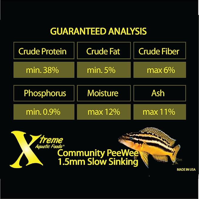 Xtreme Community Peewee 1.5mm Pellets: Slow Sinking & Ideal for Community Fish - Boosts Immune & Digestive Health, Enhances Color & Energy, Max Protein Fish Food – USA Farm Grown (38oz) XtremeAquaticFoods