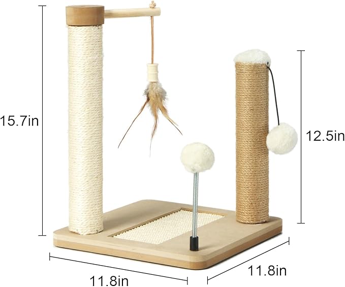 PAWSFANS Small Cat Scratching Post Toys,Sisal Jute 2 Scratch Posts for Kittens and Cats,Hanging Ball with Feather Spring Ball 16inches Beige - PAWPICO