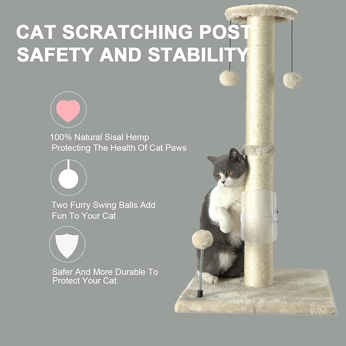PEEKAB 32" Tall Cat Scratching Post Sisal Rope Scratch Posts with Hanging Ball and Self-Massage Brush Vertical Scratcher for Indoor Cats and Kittens(Beige 32inches) - PAWPICO
