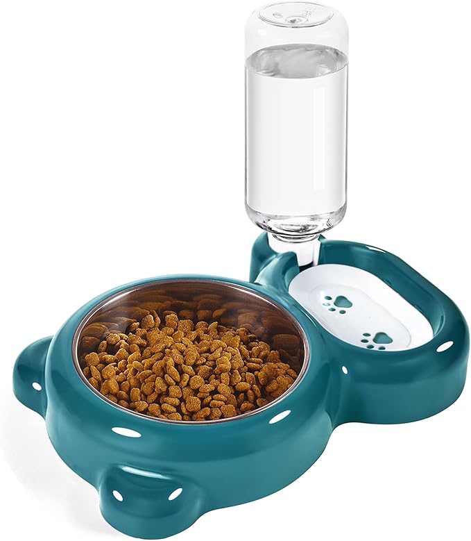 Dog Bowls, Cat Food and Water Bowl Set with Water Dispenser and Stainless Steel Bowl for Cats and Small Dogs - Dark Green - PAWPICO