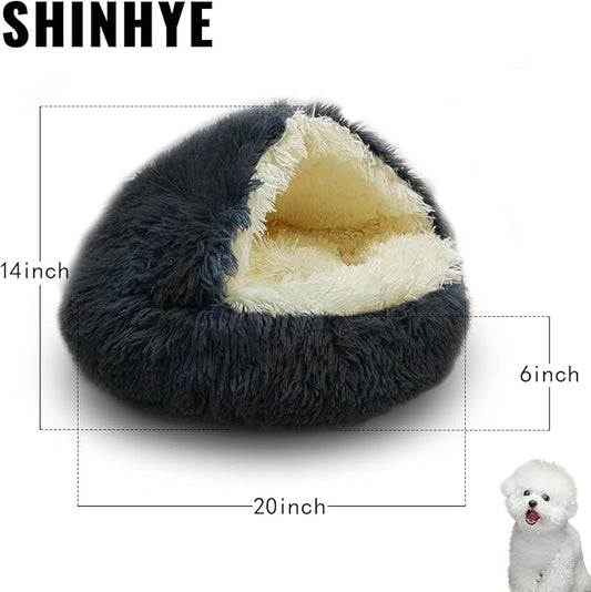 ShinHye Cat Bed Round Plush Fluffy Hooded Cat Bed Cave, Cozy for Indoor Cats or Small Dog beds, Soothing Pet Beds Doughnut Calm Anti-nxiety Dog Bed - Waterproof Bottom Washable (20×20inch, Dark Grey) - PAWPICO