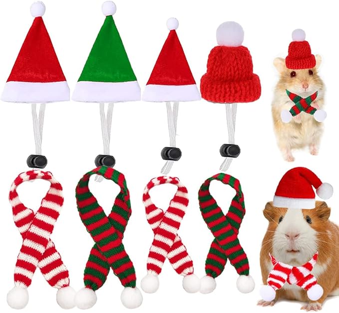 8 Pack Christmas Small Animal Costume Guinea Pig Santa Hat Small Pet Hat with Scarf for Rabbit Hamster Ferrets Chinchilla Hedgehog Lizard Bearded Dragon Christmas Party Outfit FUEAWIM