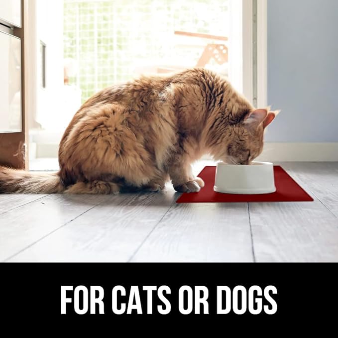 Gorilla Grip 100% Waterproof Raised Edge BPA Free Silicone Pet Feeding Mat, Dog Cat Food Mats Contain Spills Protects Floors, Placemats for Cats and Dogs Water Bowl, Pets Accessories 28x18 Red - PAWPICO