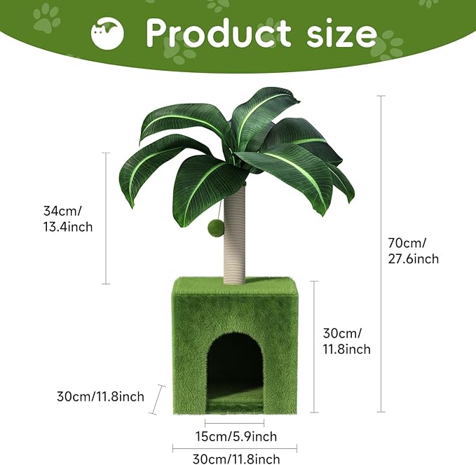 Cat Scratching Post with Condo, Palm Cat Tree Tower Natural Sisal Cat Scratcher Cat Bed Cat Furniture for Kittens and Cats - PAWPICO