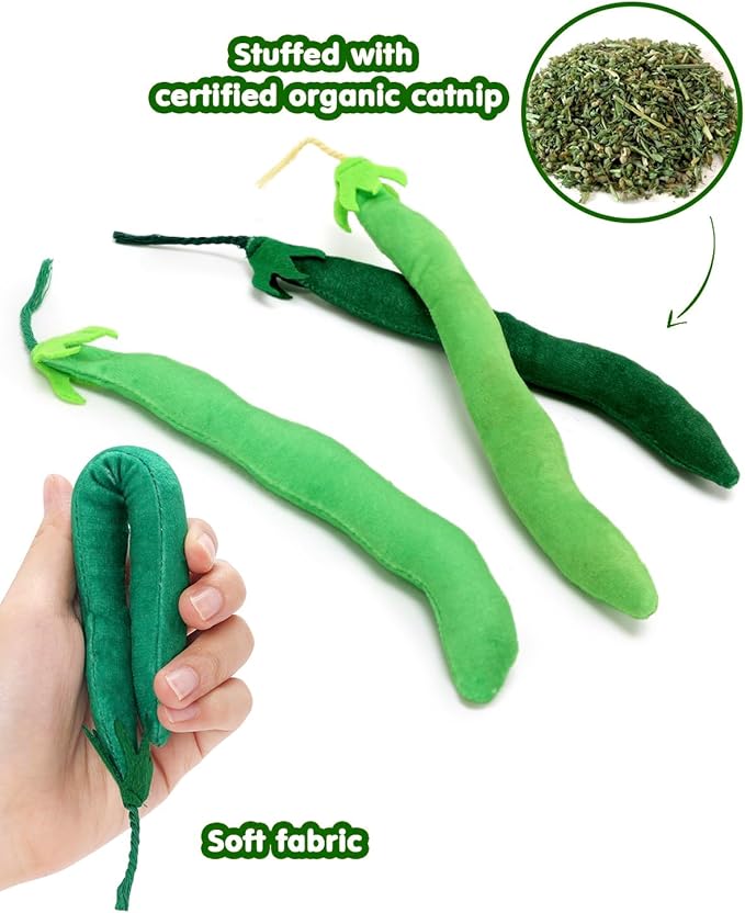 CiyvoLyeen Catnip Toy, Green Bean Cat Toys Kitten Supplies Interactive Kicker Vegetables Vegan Dental Health Teething Chew Gift for Cat Lovers Indoor 4PCS - PAWPICO