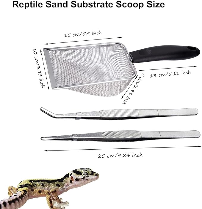 Reptile Sand Substrate Scoop Reptile Sand Fine Mesh Reptile Scooper Stainless Steel Terrarium Substrate Sand Bedding Litter Cleaner Scoop and Reptile Long Feeding Tongs Set (Black-2mm) WoYous