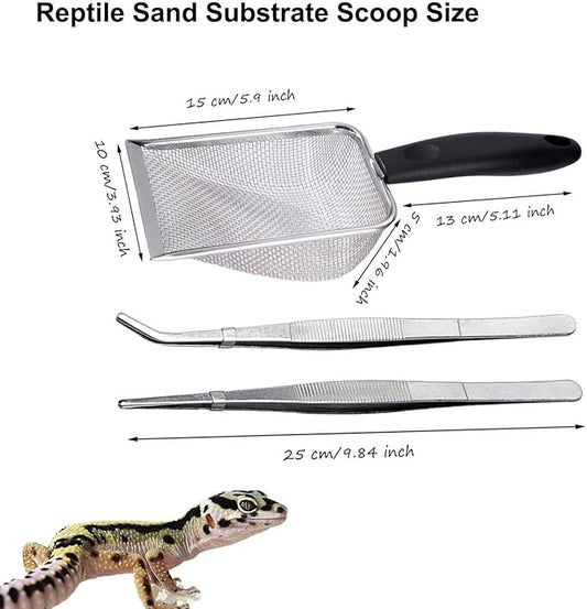 Reptile Sand Substrate Scoop Reptile Sand Fine Mesh Reptile Scooper Stainless Steel Terrarium Substrate Sand Bedding Litter Cleaner Scoop and Reptile Long Feeding Tongs Set (Black-2mm) WoYous