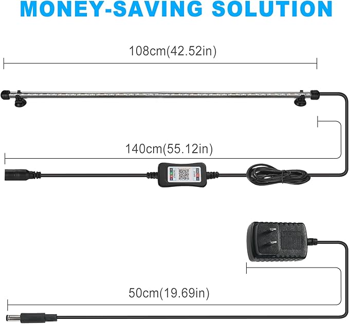 GreenSun Fish Tank Aquarium Light: Submersible Led Lamp - 108 Inch Waterproof Strip Spotlight with APP Control GreenSun