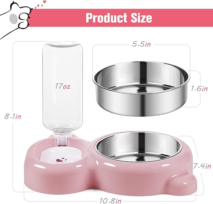 Dog Bowls, Cat Food and Water Bowl Set with Water Dispenser and Stainless Steel Bowl for Cats and Small Dogs - Pink - PAWPICO