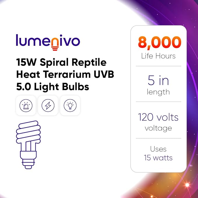 lumenivo 15 Watt UVB Reptile Light 5.0 15W Spiral Reptile Heat Terrarium Light Bulbs for Turtles, Gecko, Tortoise, Snake, Lizard, Chameleons, and Insects - 120V - 2 Pack Lumenivo