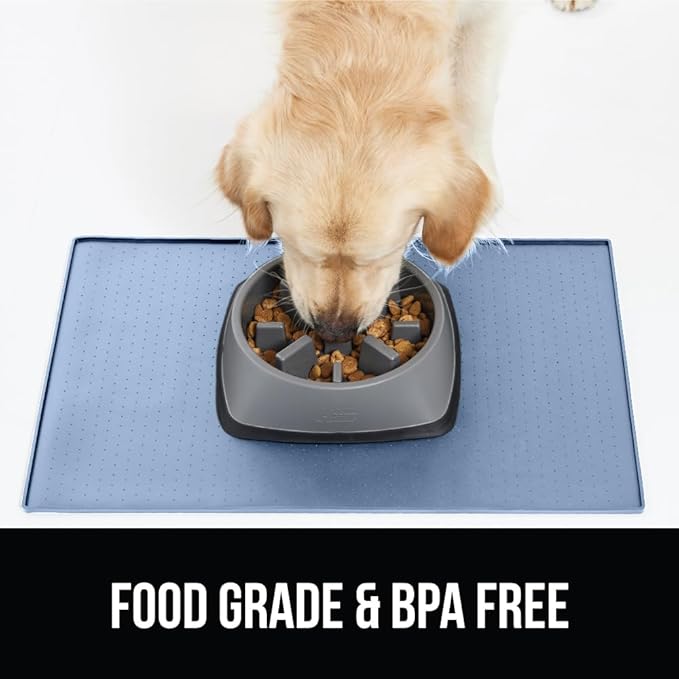 Gorilla Grip 100% Waterproof Raised Edge BPA Free Silicone Pet Feeding Mat, Dog Cat Food Mats Contain Spills Protects Floors, Placemats for Cats and Dogs Water Bowl, Pets Accessories 23x15 Blue - PAWPICO