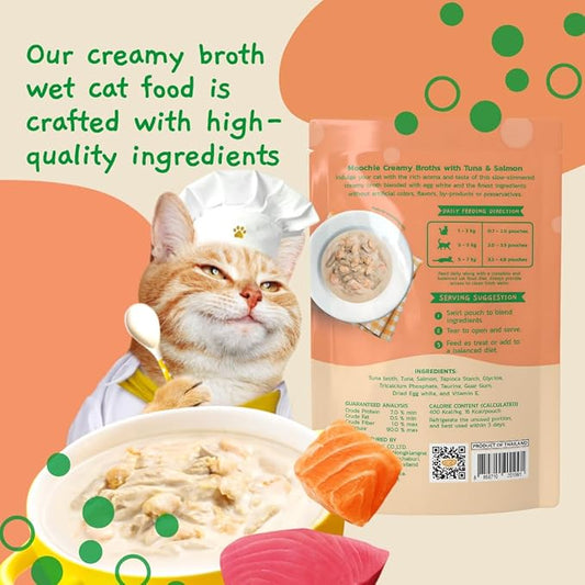 MOOCHIE Grain Free Creamy Broth for Cats - Made with Real Salmon & Tuna - No Artificial Flavors or Preservatives - 16 x 1.4 oz Pouch - PAWPICO