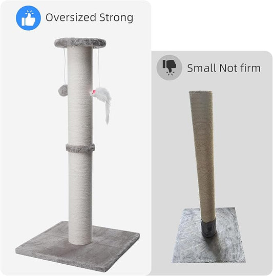 34 Inch Tall Cat Scratching Post for Multi Cat - Cat Scratching Post for Indoor Cats and Kitten with Velvet Large Diameter Scratching Post Top & 2 Hanging Ball Toy - PAWPICO