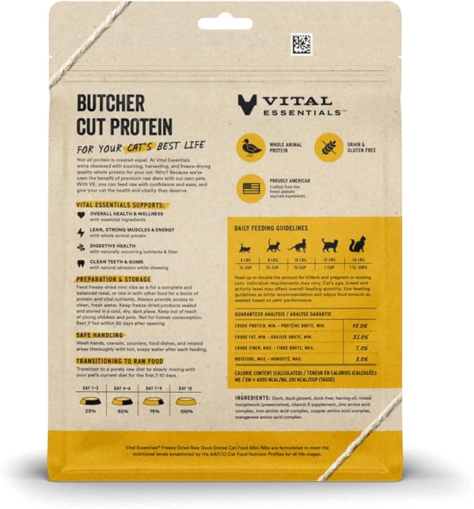 Vital Essentials Freeze Dried Raw Cat Food, Duck Mini Nibs Entree, 8 oz VitalEssentials
