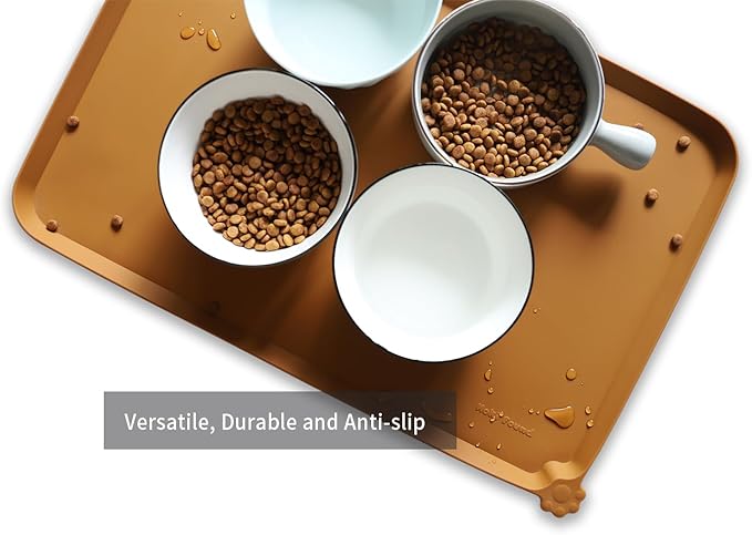 Hoki Found L Silicone Pet Food Mats Tray - Non Slip Pet Dog Cat Bowl Mats Placemat - Dog Pet Cat Feeding Mat - Waterproof Dog Cat Food Mats -Pet Water Mats for Carpet -Butterscotch - PAWPICO