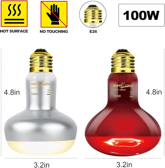 REPTI ZOO 2 Pack 100W Reptile Heat Lamp Bulbs,Upgraded Reptile Day and Night Basking Spot Bulb Combo Amphibian Infrared Heat Lamp Bulb/UVA Basking Spot Daylight Heating Light Bulb REPTIZOO