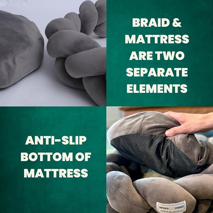 Tater's Choice 32" Dog Bed - Premium Braided Dog Bed with 3 Pack of Plush Bones - Luxurious and Durable Pet Beds with Plush Polyester Filling, Non-Slip Base, Washable Mattress, Charcoal Grey, Medium - PAWPICO
