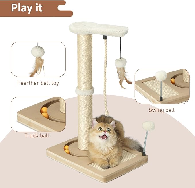 PAWSFANS Cat Scratching Post,Sisal Scratch Posts with Track Ball Feather Toy for Indoor Cats and Kittens,25" Tall Beige - PAWPICO