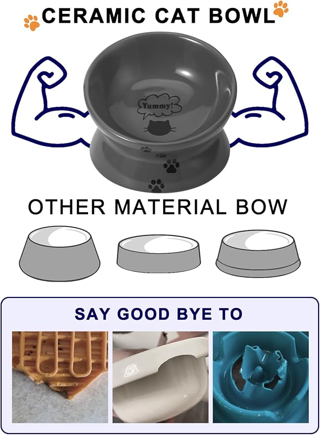 Y YHY Raised Cat Food Bowl, Ceramic Elevated Cat Bowl, Title Angle Protect Cat's Spine, Anti Vomiting Cat Dish, Backflow Prevention, Grey - PAWPICO