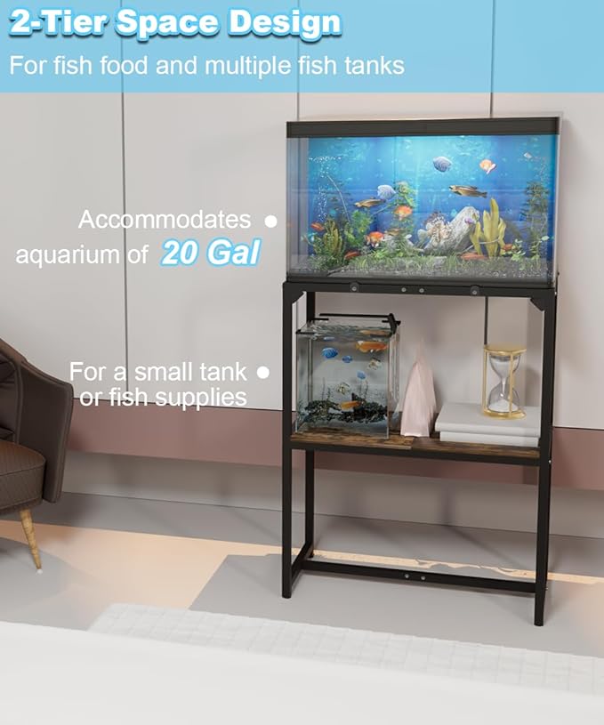20 Gallon Fish Tank Stand, Upgraded Height Aquarium Stand Table with 2 Tiers Storage Shelf, Metal Reptile Breeder Turtle Terrarium Stand Rack for Home Office, 24" L x 12" W x 32.2" H, Black Mondazie