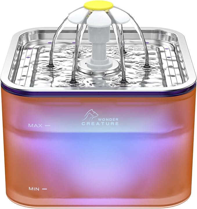 Crystal Cat Water Fountain Stainless Steel, 101oz/3L Pet Fountain with LED Light for Cats and Dogs (Orange) - PAWPICO