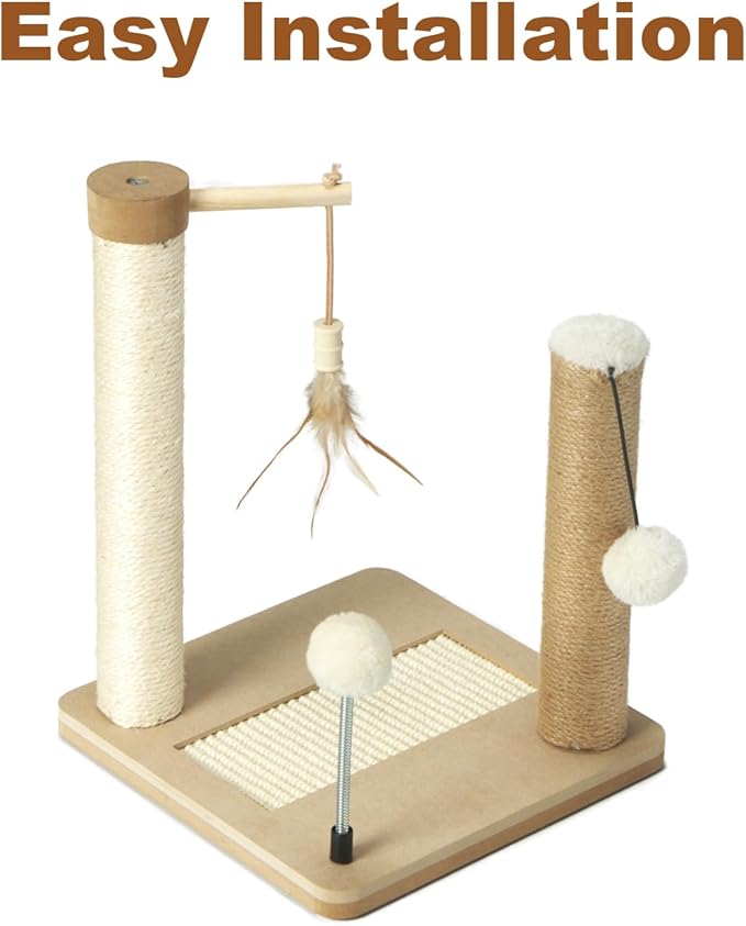 PAWSFANS Small Cat Scratching Post Toys,Sisal Jute 2 Scratch Posts for Kittens and Cats,Hanging Ball with Feather Spring Ball 16inches Beige - PAWPICO