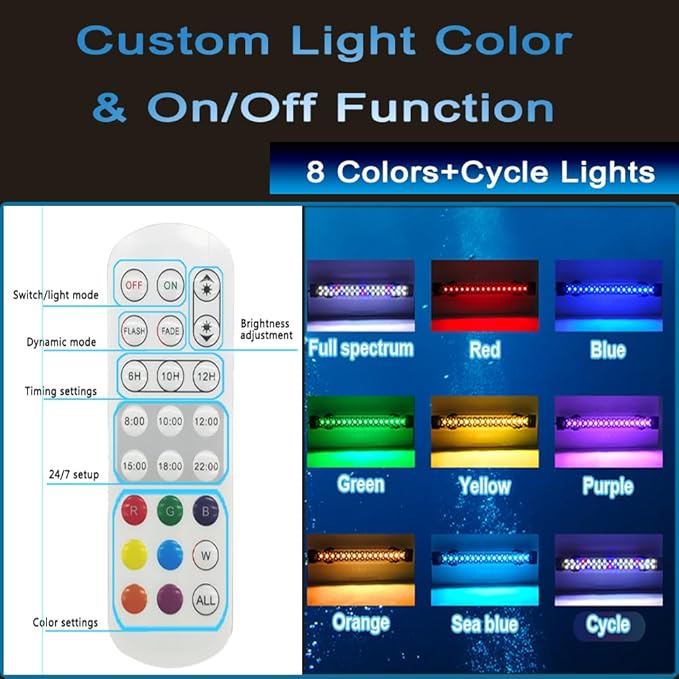 Submersible Aquarium Lights for Fish Tank,24/7 Cycle Fish Tank Light with Timer,Adjustable Brightness,8 Colors,Underwater Full Spectrum LED Aquarium Decor Plant Light,23.6'' for 40gallon Fish REIRQIE