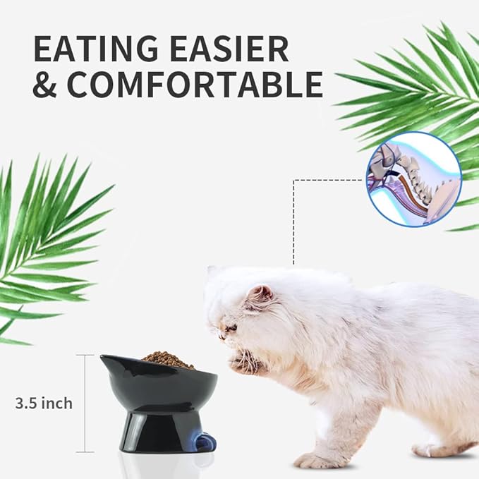 Nihow Slanted Elevated Cat Bowls: 5 Inch Ceramic Raised Cat Food Bowl for Protecting Pet's Spine - Microwave & Dishwasher Safe -Elegant Blue & Black (4.5 OZ /1 PC) - PAWPICO
