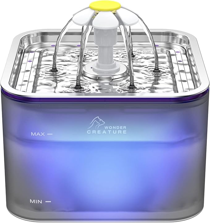 Crystal Cat Water Fountain Stainless Steel, 101oz/3L Pet Fountain with LED Light for Cats and Dogs (Grey) - PAWPICO