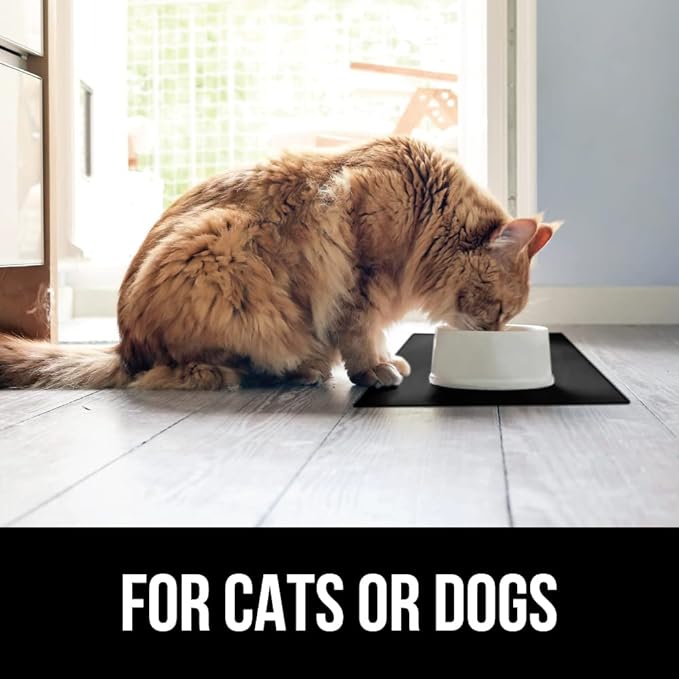 Gorilla Grip 100% Waterproof Raised Edge BPA Free Silicone Pet Feeding Mat, Dog Cat Food Mats Contain Spills Protects Floors, Placemats for Cats and Dogs Water Bowl, Pets Accessories 18.5x11.5 Black - PAWPICO