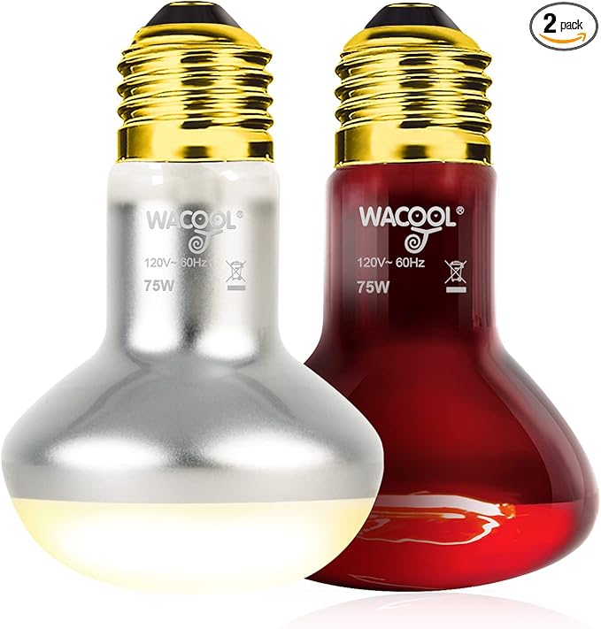 WACOOL 2Pack 75W Reptile Heat Lamp Day & Night Kit, Nature Simulated Basking Daylight & Nightlight Heat Lamp Bulbs for Reptiles & Amphibians, UVA Heat Lamp for Bearded Dragon Gecko Turtle Lizard WACOOLTERRA
