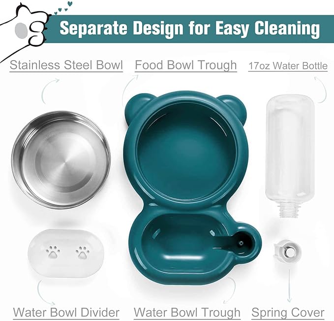 Dog Bowls, Cat Food and Water Bowl Set with Water Dispenser and Stainless Steel Bowl for Cats and Small Dogs - Dark Green - PAWPICO
