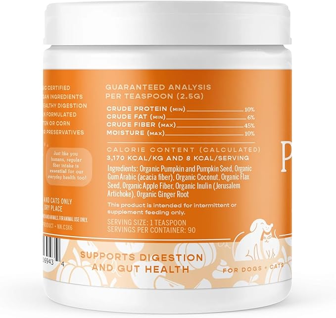 Fera Pet Organics Pumpkin Plus Fiber Supplement for Pets - Vet Created - Dog & Cat Regularity & Gut Function - Organic Pumpkin Seeds, Flax Seeds - 90 Scoops FeraPets