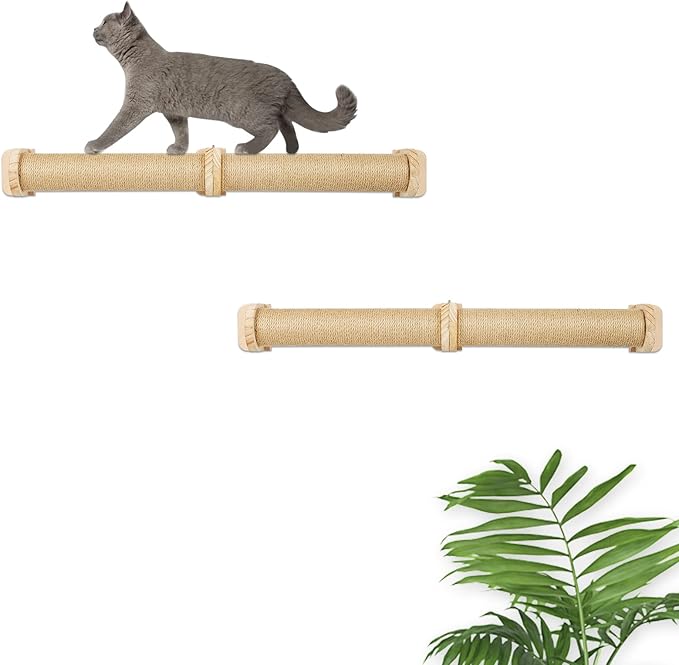 2 Tier Cat Wall Wood Sisal Scratching Post for Indoor - 37 inch Tall- Vertical or Horizontal Wall Mounted Cat Scratcher, Cat Scratching Board, Cat Activity Trees Cat Wall Furniture Shelves - PAWPICO