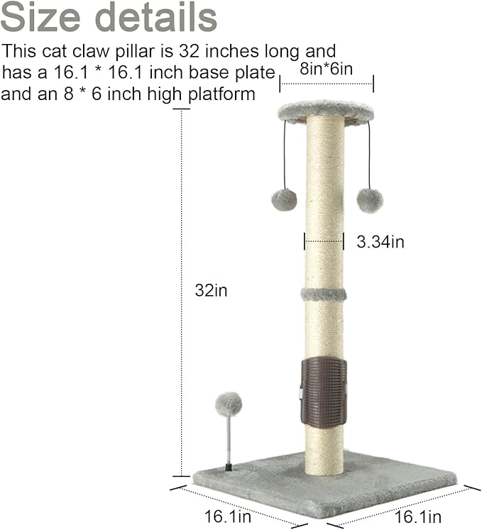 PEEKAB 32" Tall Cat Scratching Post Sisal Scratch Posts with Hanging Ball and Self-Massage Brush Vertical Scratcher for Indoor Cats and Kittens(Light-Gray 32inches) - PAWPICO