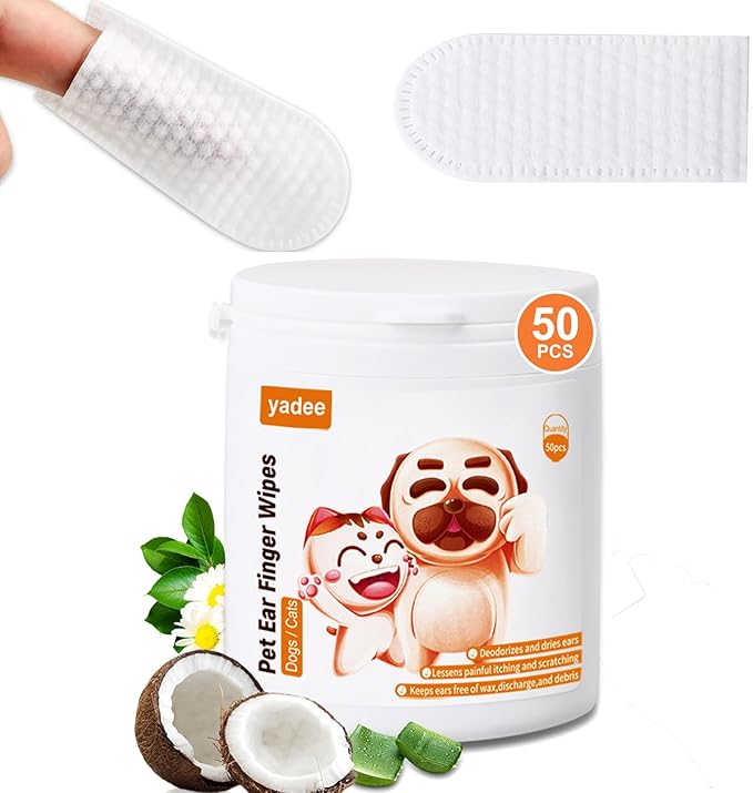 50Pcs Dog Ear Wipes Finger, Dog Ear Cleaner Wipes for Dogs and Cats, Pet Ear Wipes, Soft & Easy Otic Cleaning Pads, Remove Wax, Dirt & Stop Smelly, Itchy, Non-Irritating, All Natural Ingredients yadee