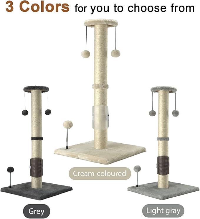 PEEKAB 32" Tall Cat Scratching Post Sisal Rope Scratch Posts with Hanging Ball and Self-Massage Brush Vertical Scratcher for Indoor Cats and Kittens(Beige 32inches) - PAWPICO