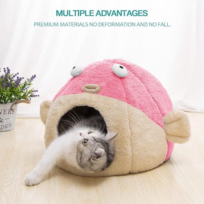 Cat Beds for Indoor Cats - Cat Bed Cave with Removable Washable Cushioned Pillow, Soft Plush Premium Cotton No Deformation Pet Bed, Lively Pufferfish Cat House Design, Pink, Multiple Sizes(S) - PAWPICO