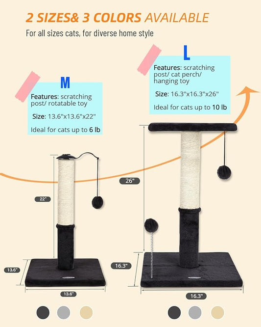 Happi N Pets 22" Cat Scratching Post, Natural Sisal Scratchers Trees for Indoor Cats, Featuring with Rotatable Hanging Balls & Stable Base, Cat Scratch Posts for Kittens-Smoky Gray - PAWPICO