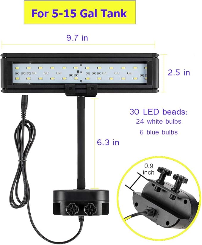 hygger 9.7 Inches Blue White LED Aquarium Light Clip on Small Led Light for Planted Saltwater Freshwater Fish Tank with Gooseneck Clamp 13W hygger