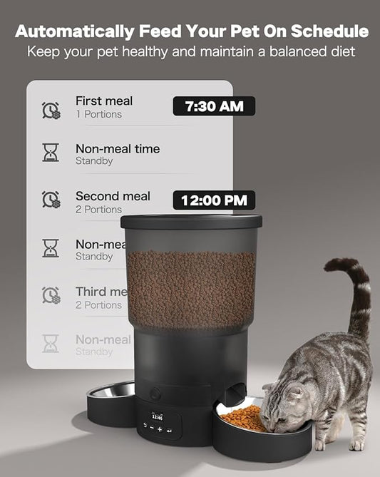 SURDY Automatic Cat Feeder for 2 Cats, 3L Cat Food Dispenser Auto Cat Feeder with 2 Stainless Bowls, 10s Meal Call Dual Power Supply and Timer Setting 12 Portions 6 Meals Per Day for Cats (Black, 5L) - PAWPICO